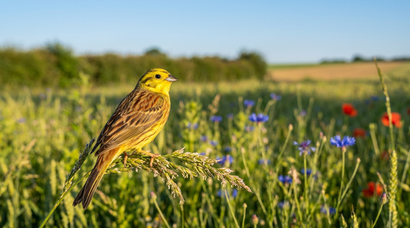 Un bruant jaune au plumage jaune vif et brun rayé est perché sur une tige dans un champ de bleuets et coquelicots sous un ciel bleu.