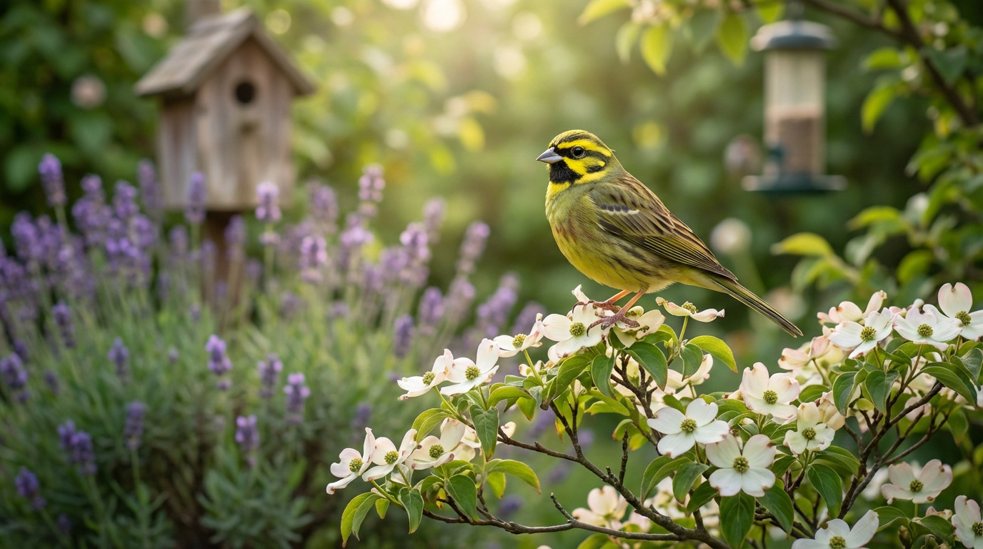 Bruant zizi mâle aux couleurs vives (jaune, vert, noir) perché sur une branche de cornouiller en fleurs, avec nichoir et lavande.