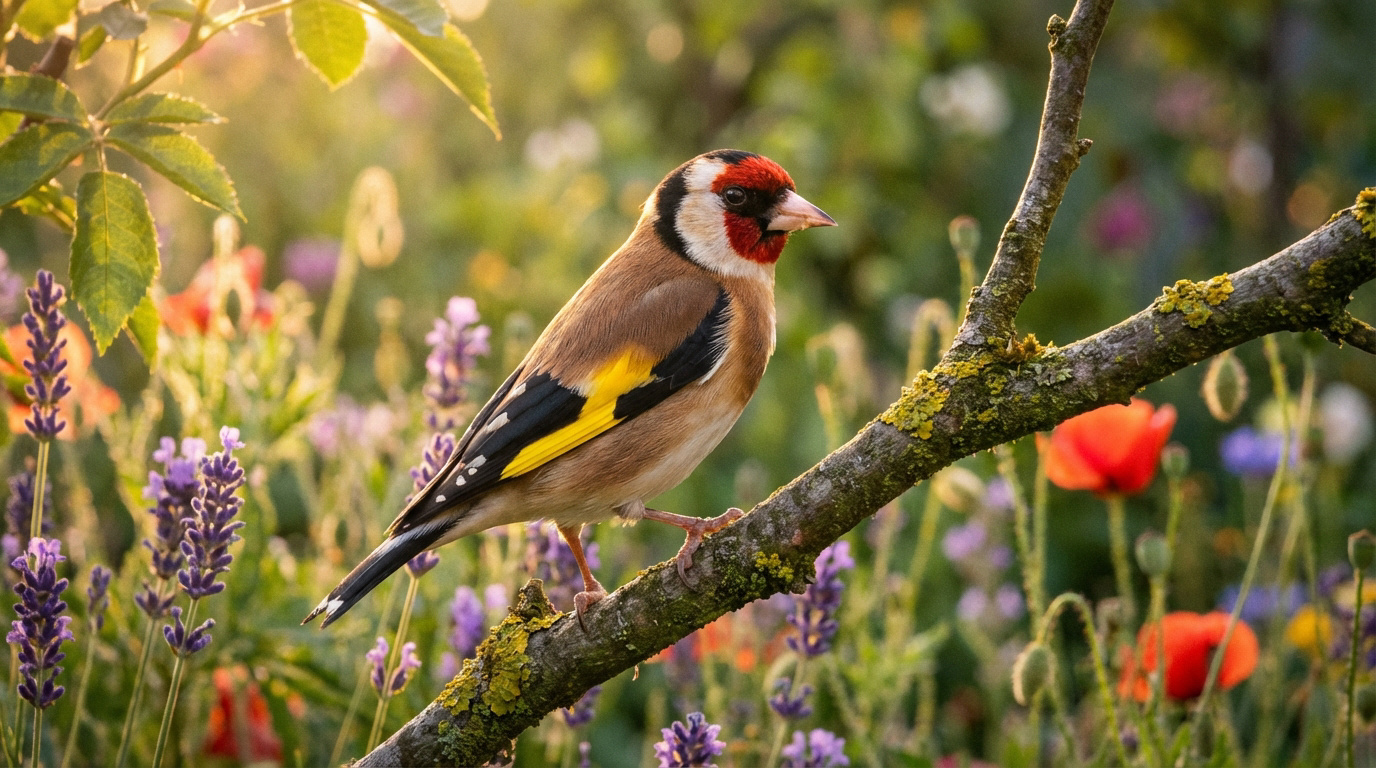 Chardonneret élégant sur une branche, face rouge et ailes jaunes. Arrière-plan flou de lavande et coquelicots sous lumière dorée.