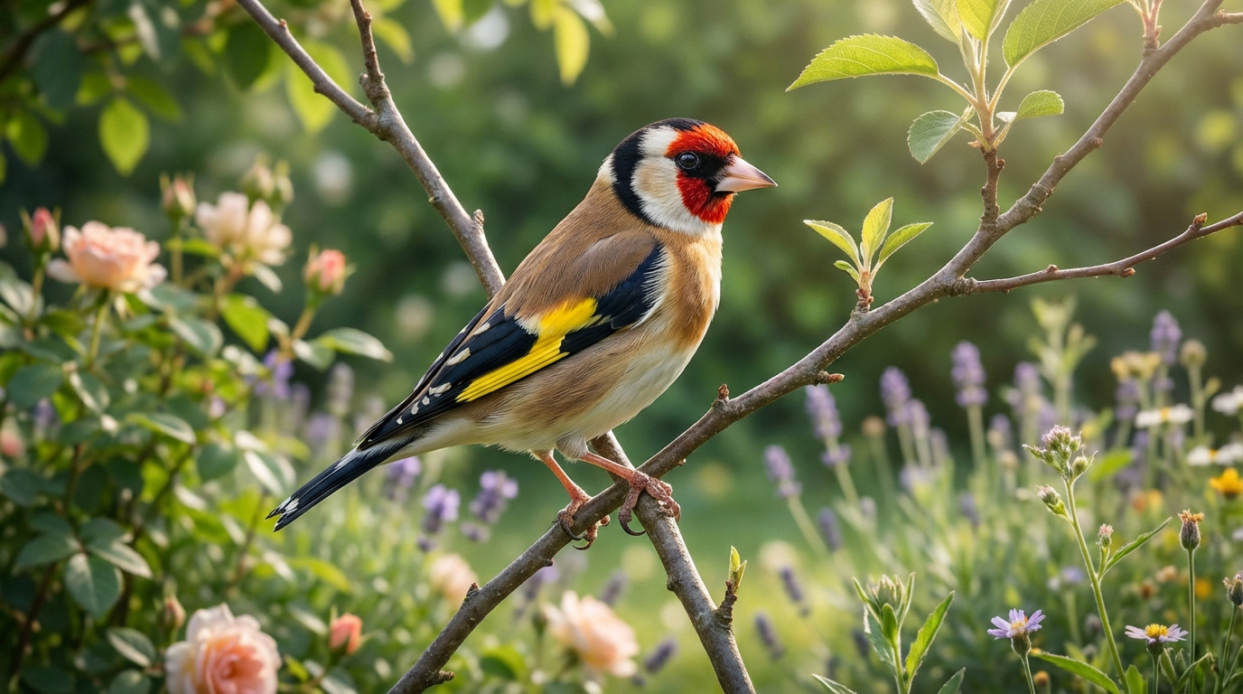 Un chardonneret élégant aux couleurs vives, posé sur une branche dans un jardin ensoleillé avec roses et lavande.
