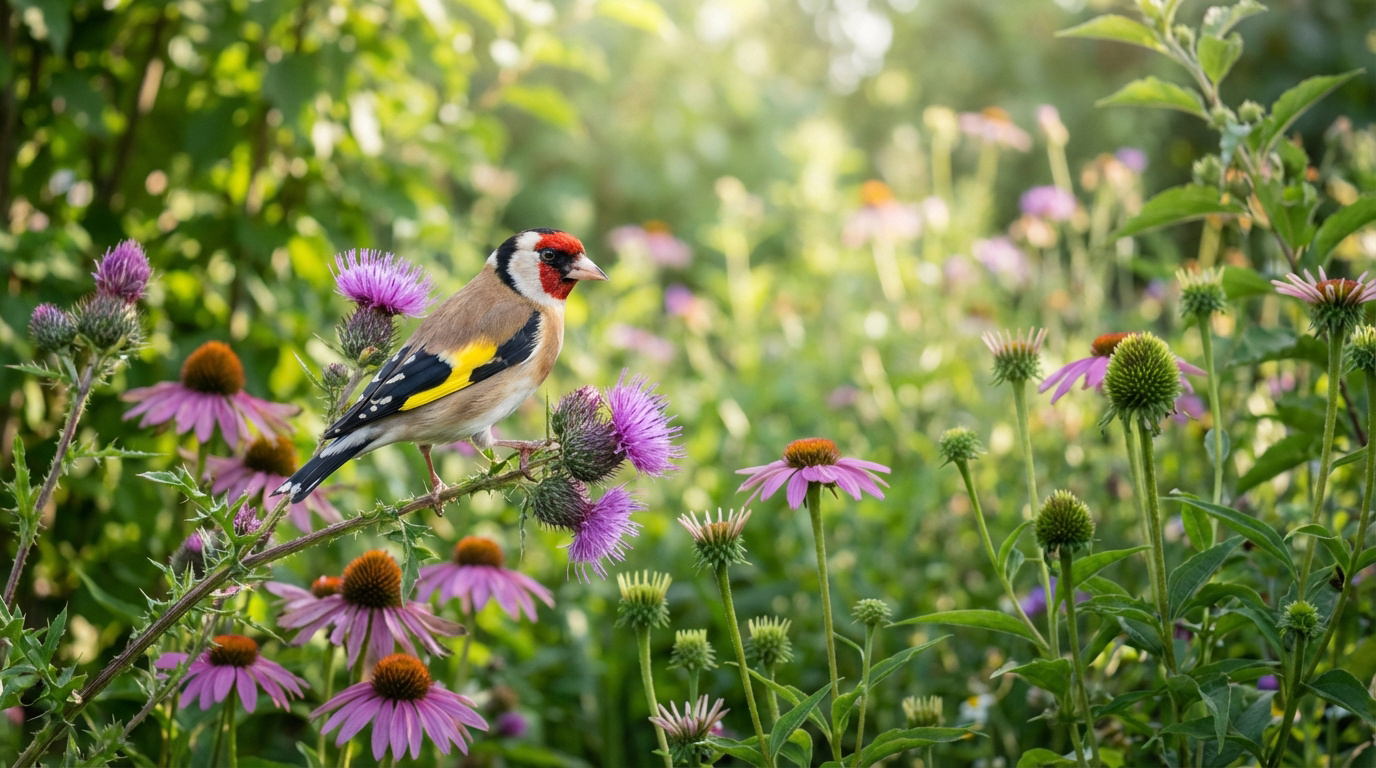 Oiseau chardonneret aux ailes jaunes et face rouge, perché sur un chardon violet, avec des échinacées. Jardin ensoleillé.