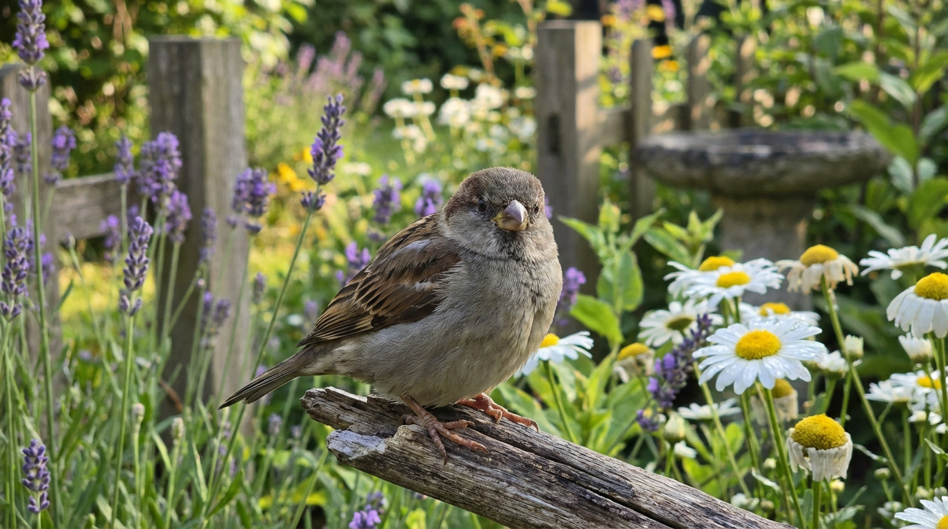 Detailed close-up of a brown and grey house sparrow perched on a rustic branch in a sunlit garden with lavender and daisies.