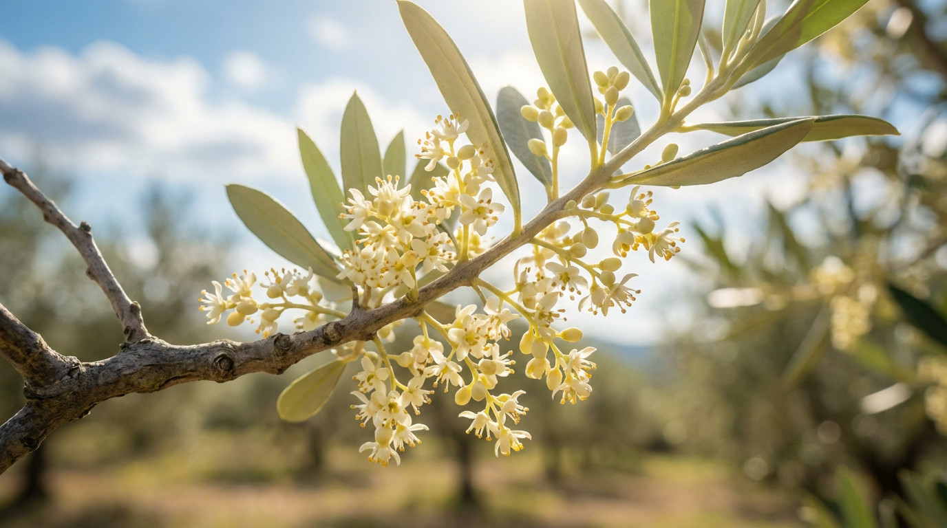 Close-up of delicate white and creamy yellow olive tree flowers blooming on a branch under bright sunlight. Blurred Mediterranean background.