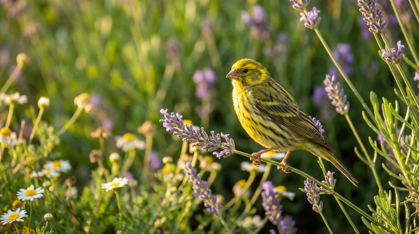 A vibrant yellow and green European serin bird perches on purple lavender in a sunlit garden with blurred green foliage and daisies.