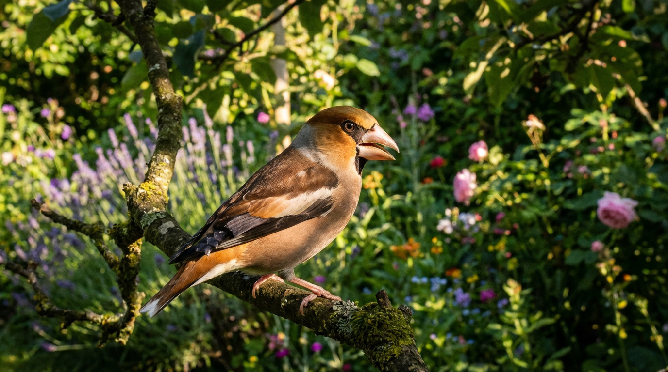 Gros-bec casse-noyaux marron et noir, perché sur une branche moussue dans un jardin lumineux avec lavande et roses.