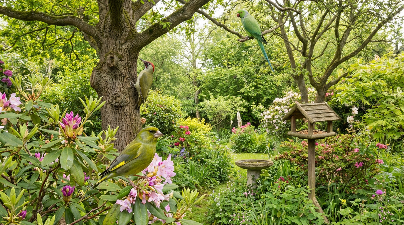 Jardin luxuriant avec trois oiseaux verts (verdier, pic vert, perruche à collier), mangeoire, bain d'oiseaux et fleurs.