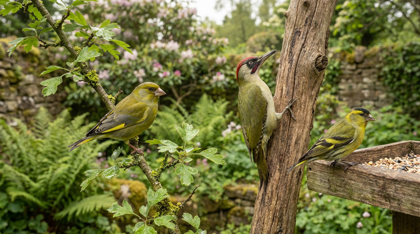 Trois oiseaux verts (Verdier, Pic vert, Tarin) dans un jardin luxuriant. Un verdier sur branche, un pic vert sur tronc, un tarin sur mangeoire.