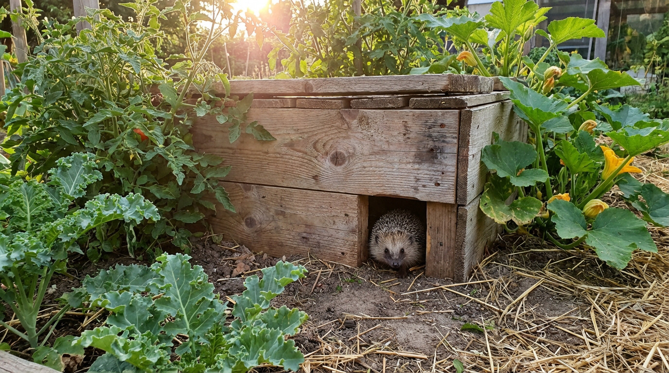Adorable hedgehog peeking from a recycled pallet shelter in a vibrant vegetable garden, bathed in warm late afternoon sun.