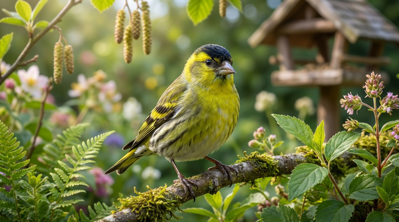 Un tarin des aulnes mâle, jaune vif et noir, perché sur une branche moussue dans un jardin fleuri près d'une mangeoire.