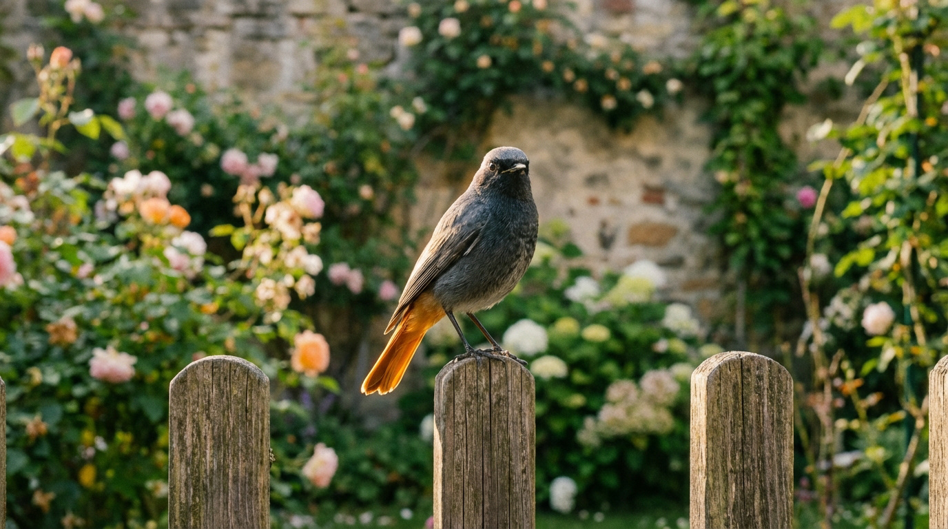Un rougequeue noir mâle est perché sur un poteau de clôture en bois dans un jardin fleuri avec des roses.