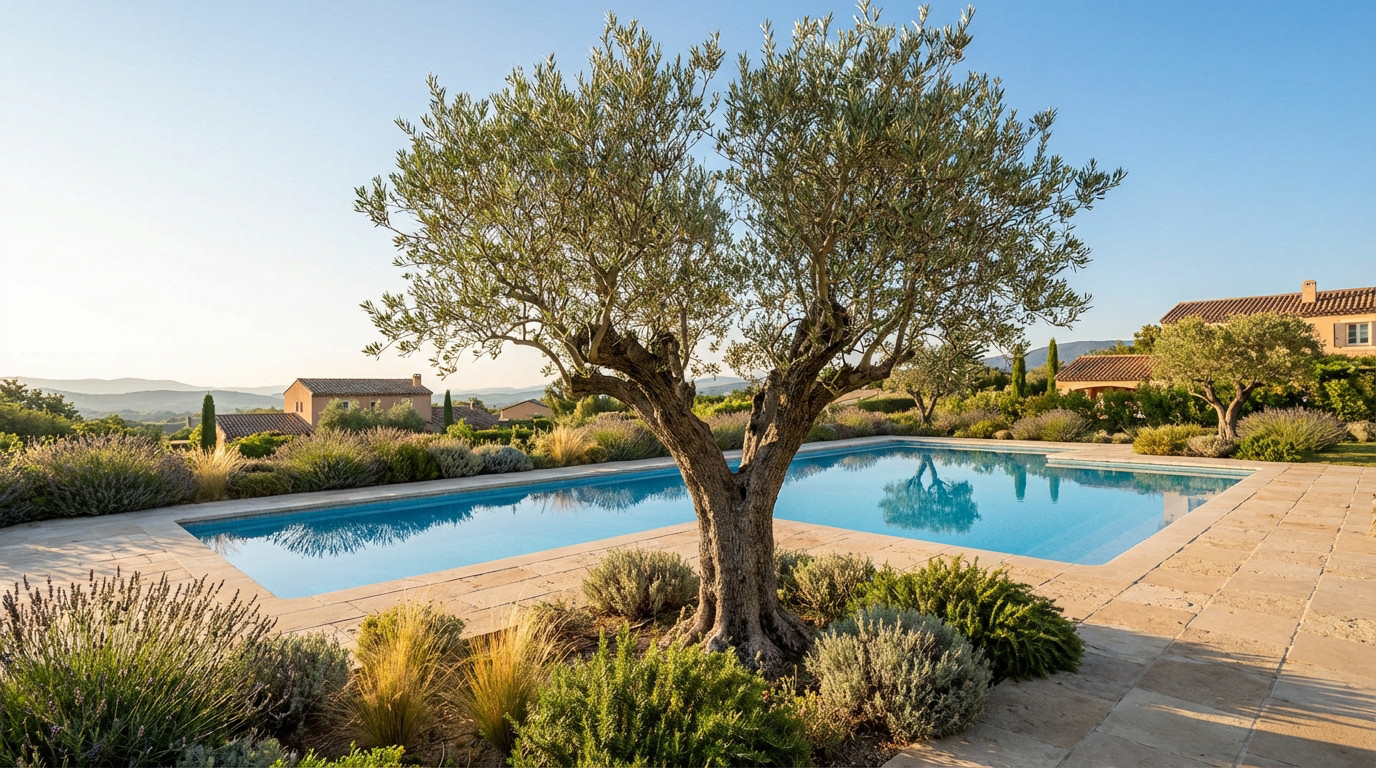 A mature olive tree stands beside a sparkling blue swimming pool in a luxurious Mediterranean setting, bathed in warm sunlight.
