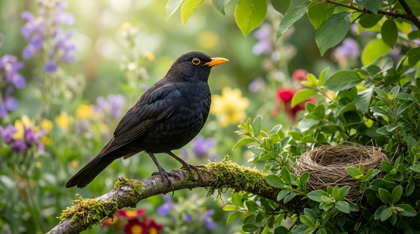 Gros plan photoréaliste d'un merle noir mâle au bec orange, perché près d'un nid dans un jardin fleuri.