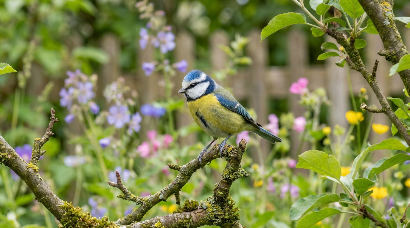 Mésange bleue vue de profil sur branche, son plumage jaune et bleu éclatant ressortant sur fond flou de fleurs multicolores.