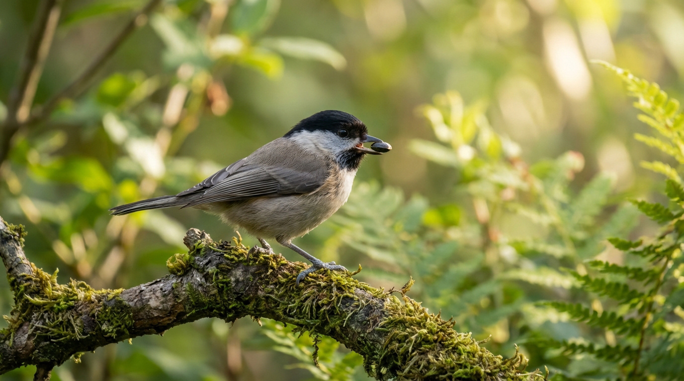 Mésange nonnette à calotte noire et joues blanches, perchée sur une branche couverte de mousse, tenant une graine.