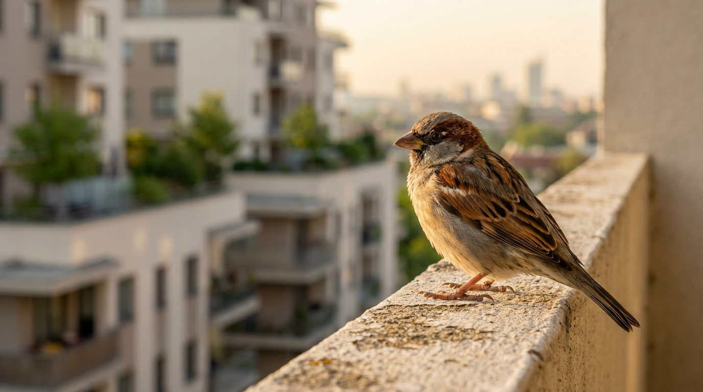 Gros plan sur un moineau domestique aux plumes brunes et grises posé sur un balcon en béton, avec des immeubles urbains flous en arrière-plan.