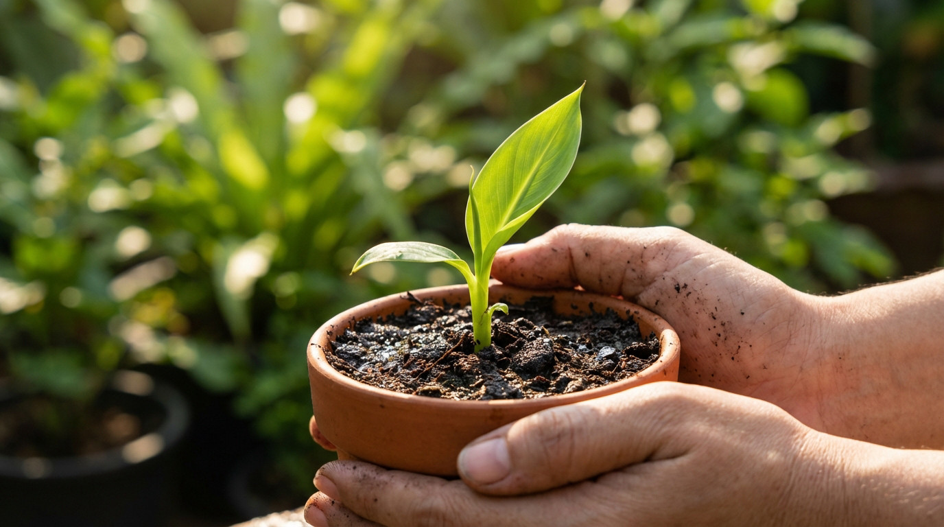 Hands hold a small pot with a bright green banana seedling emerging from dark soil, bathed in soft sunlight against a blurred green background.