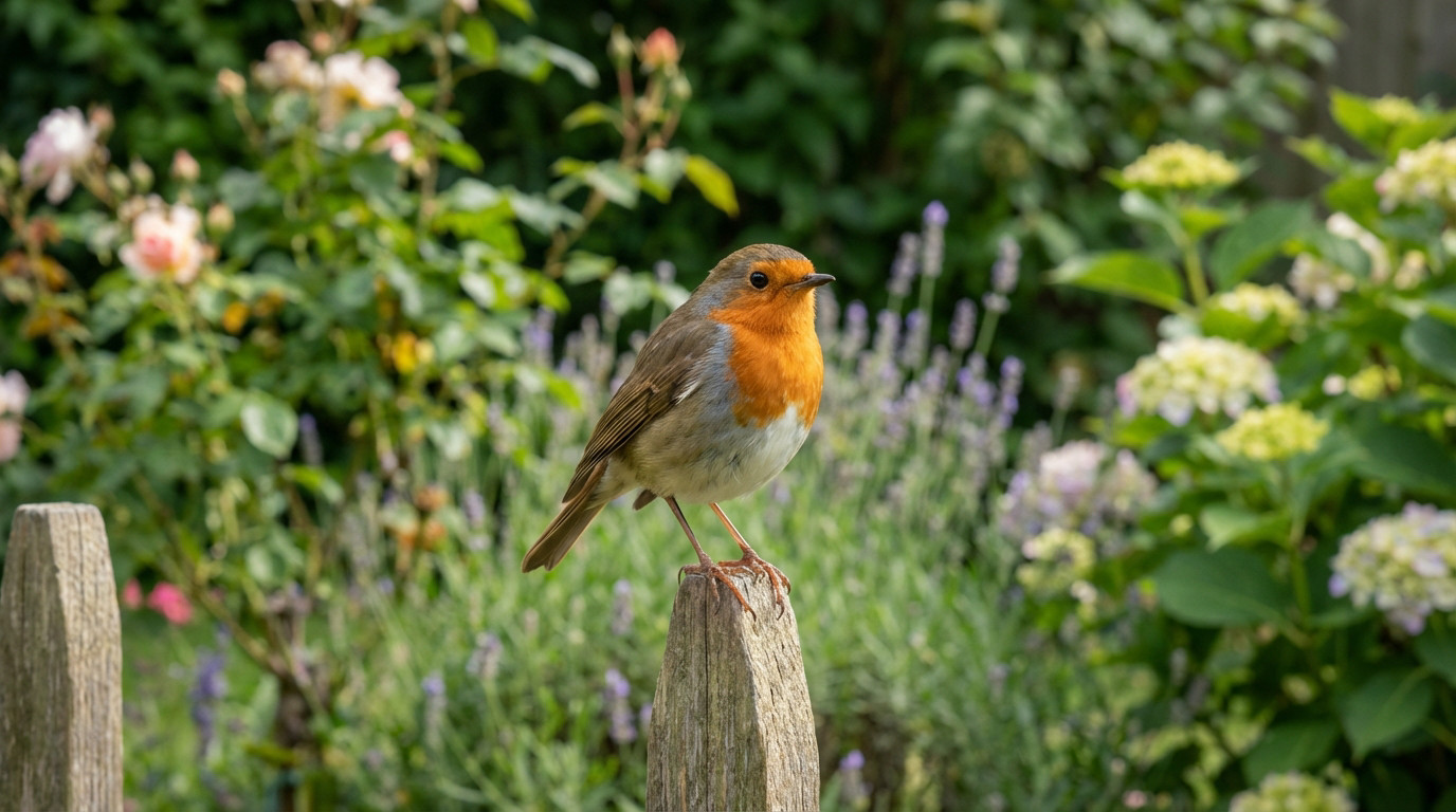 A vibrant European robin with an orange-red breast perches alertly on a weathered wooden garden post, set in a lush, soft-focus garden.