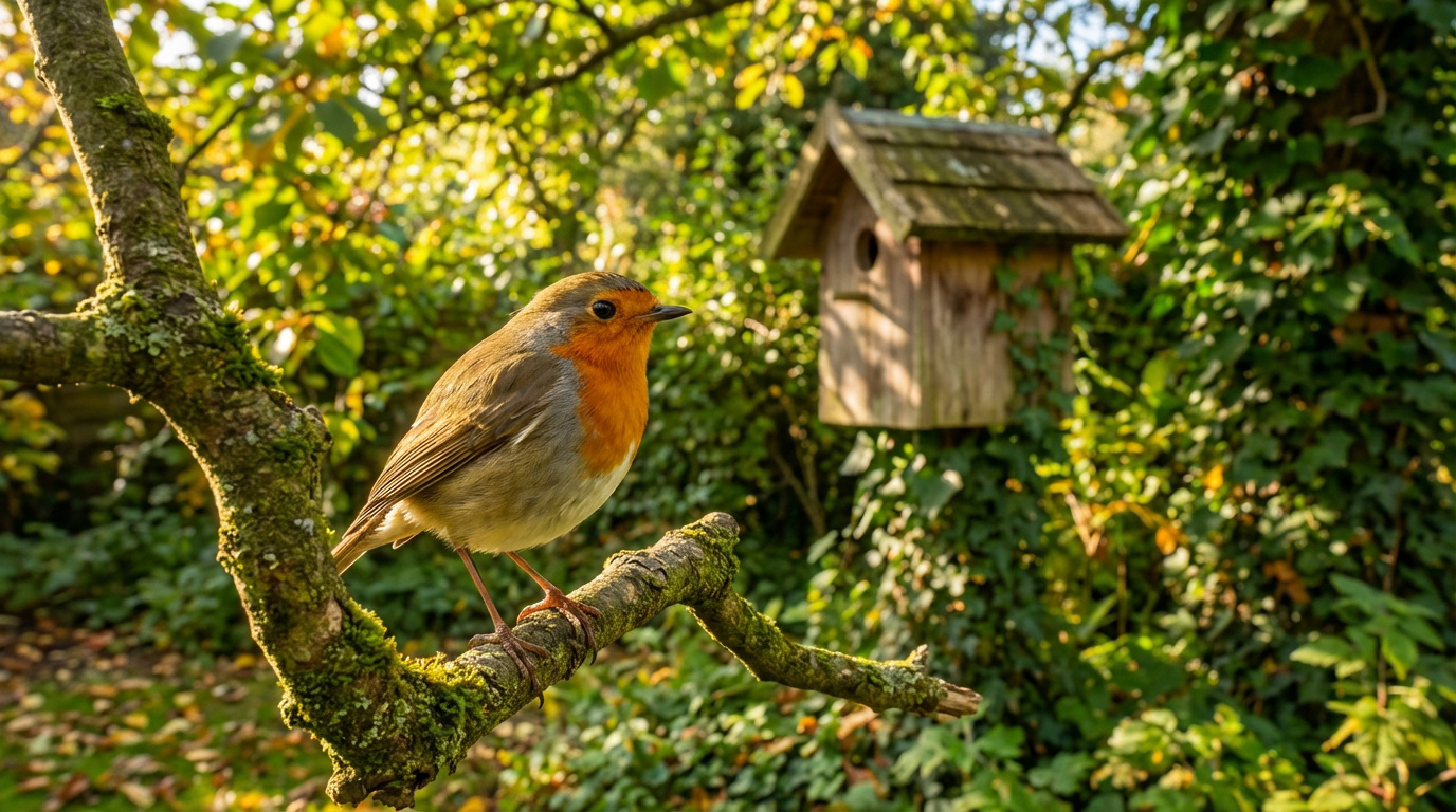 Un rouge-gorge européen sur une branche couverte de mousse, un nichoir en bois flou et un feuillage vert lumineux à l'arrière-plan.