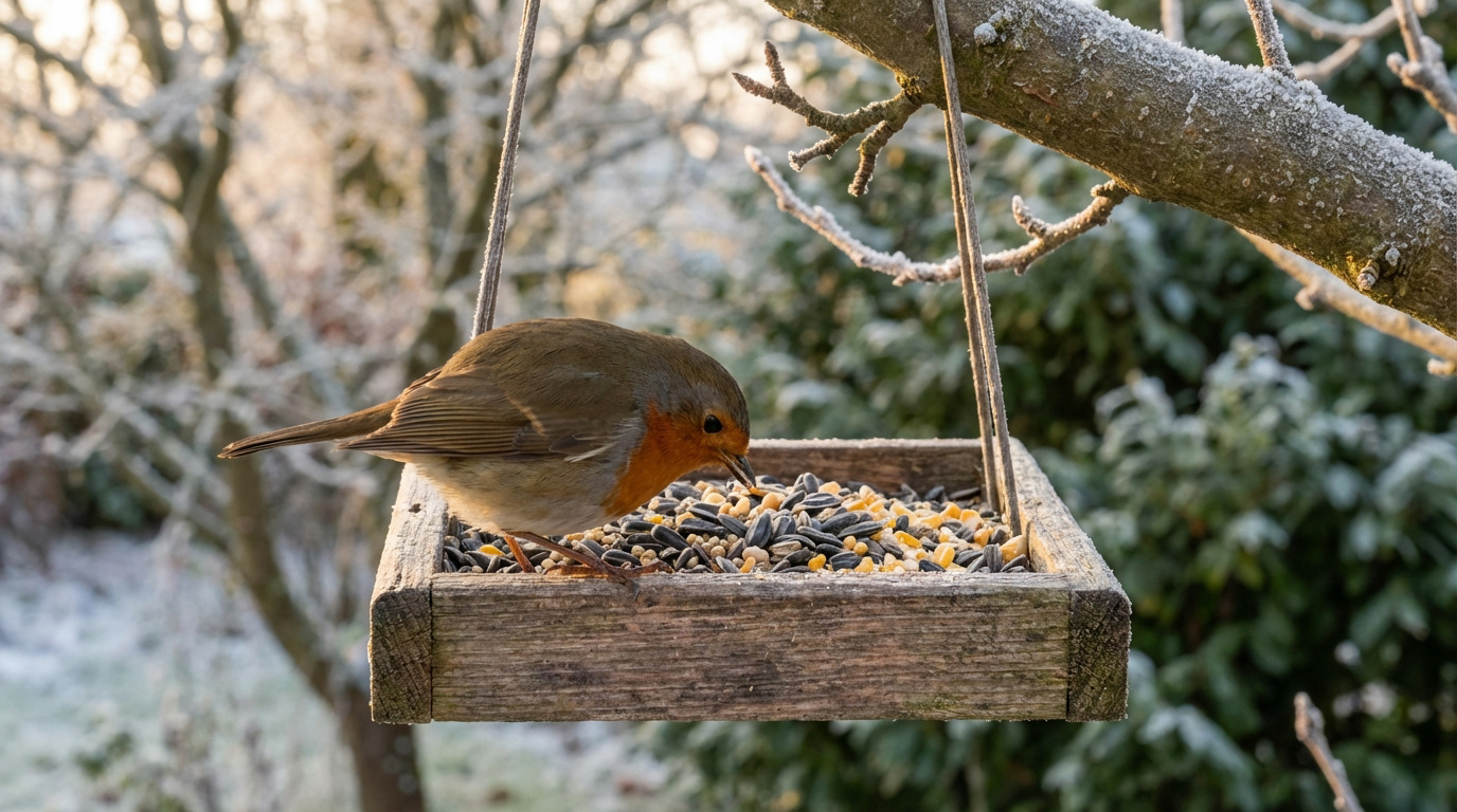Un rouge-gorge roux et brun mange des graines sur une mangeoire en bois suspendue à une branche givrée, par temps froid.