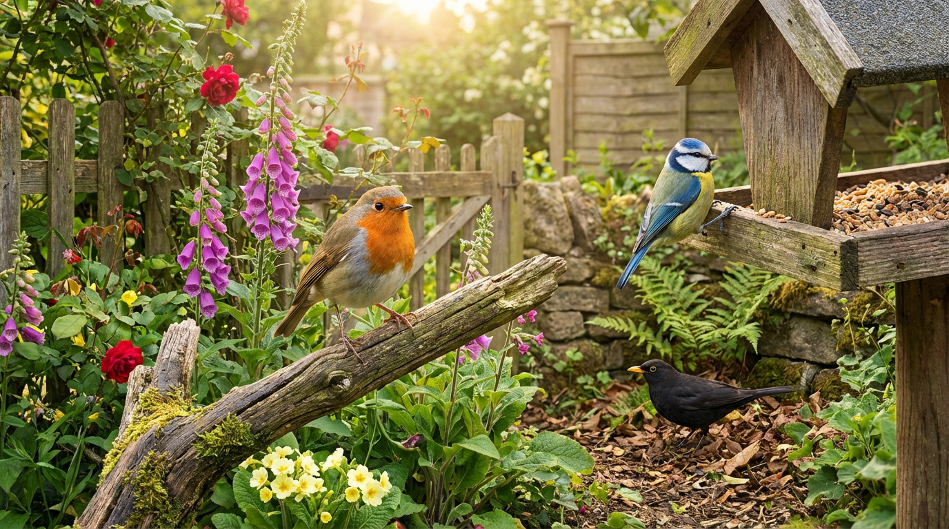 Un rouge-gorge sur une branche, une mésange bleue sur une mangeoire et un merle dans un jardin fleuri et ensoleillé.