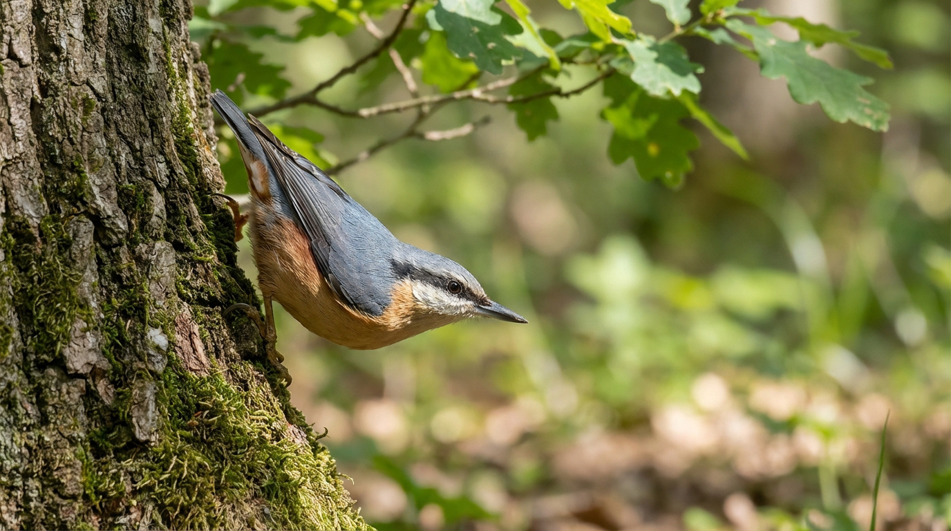 Une sittelle torchepot aux couleurs vives agrippée tête en bas à un tronc d'arbre moussus dans une forêt verte.
