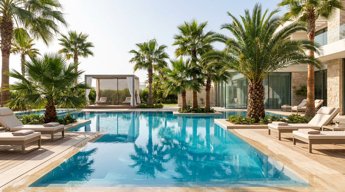 Wide-angle view of a modern luxury pool with clear blue water reflecting lush palm trees, elegant light deck, and sunlit cabana.