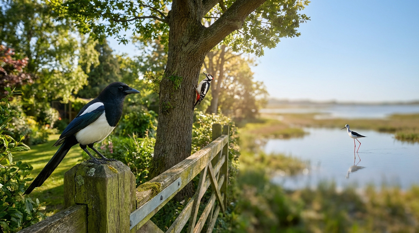 Une pie bavarde noire et blanche sur une clôture. Un pic épeiche sur un arbre, et une échasse blanche noire et blanche dans l'eau.