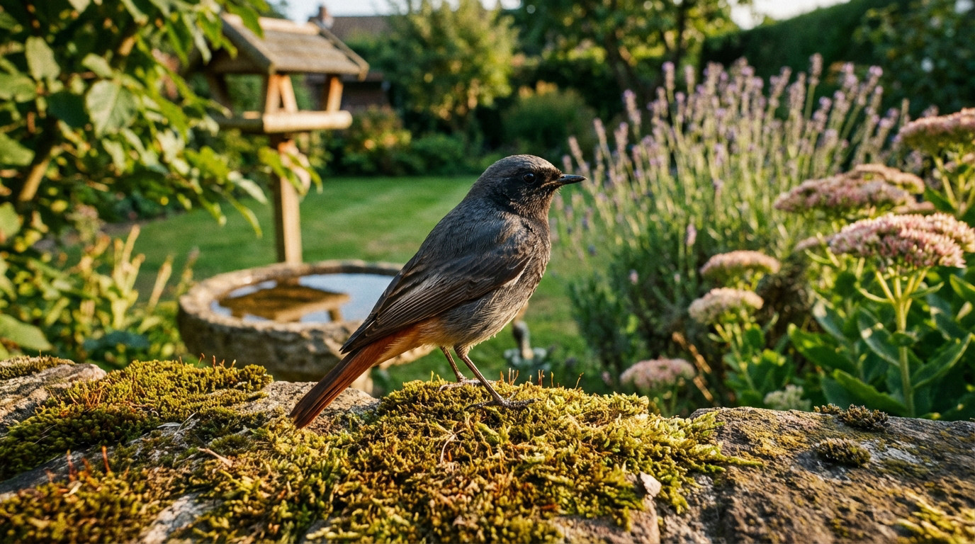 A vibrant male Black Redstart with grey-black plumage and rusty tail perched on a mossy wall in a sunlit garden.