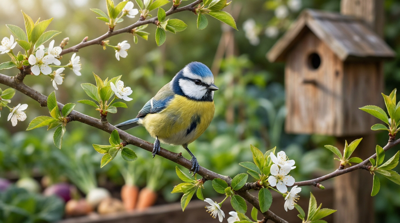 Vibrant European Blue Tit on a blossoming branch. A blurred garden, wooden birdhouse, and vegetable patch complete the scene.