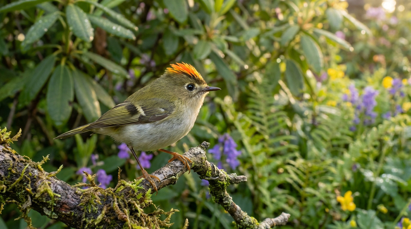 Vibrant crested kinglet (roitelet huppé) on a mossy branch, with orange crest, olive back, and white belly. Blurred garden background.