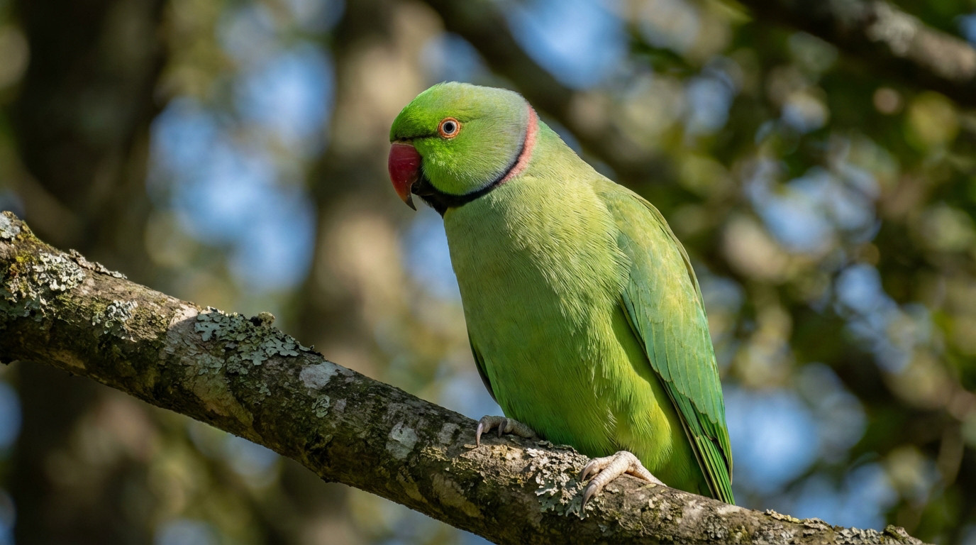A vibrant green male Ringneck Parakeet (Perruche à collier) with a red beak and black collar perches on a textured tree branch.