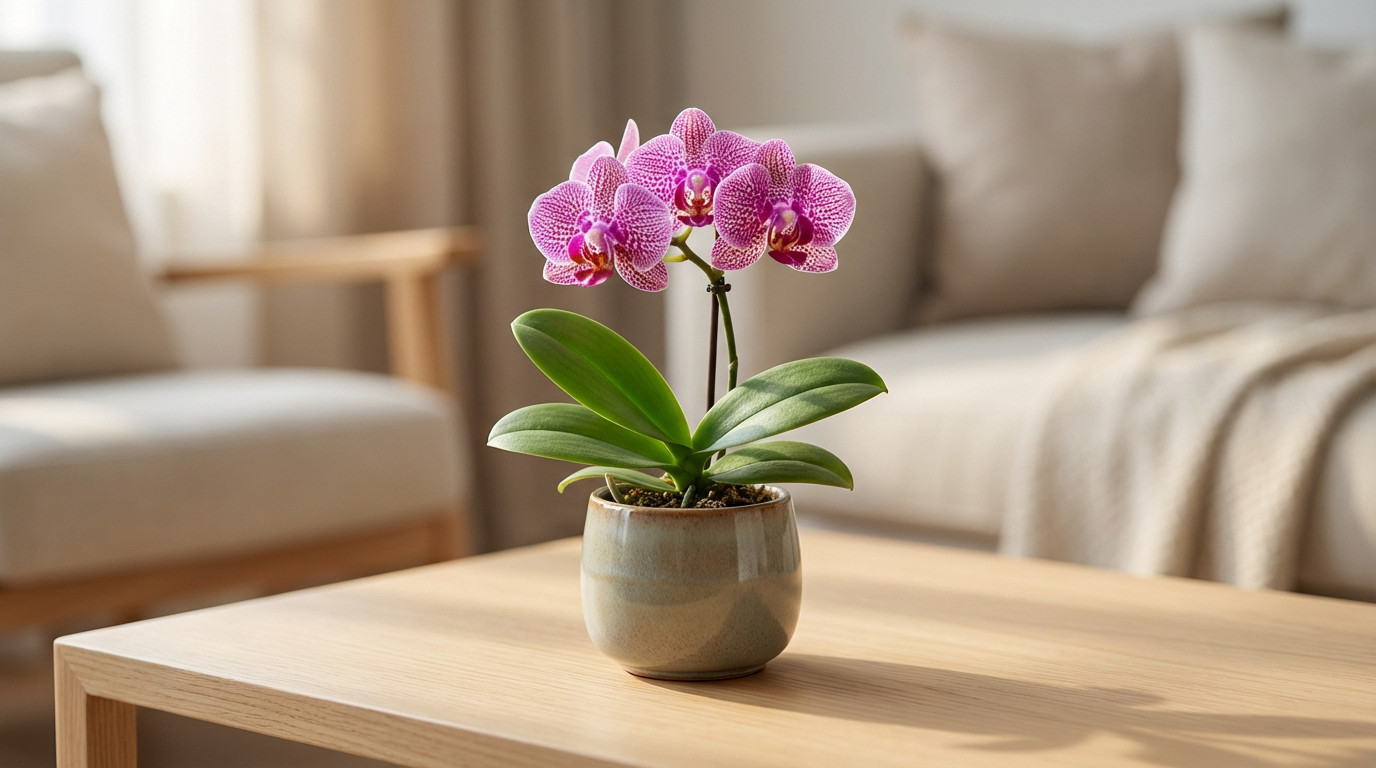 Photo-realistic mini orchid in a stylish ceramic pot on a minimalist wooden table. Soft natural light illuminates a modern living room.