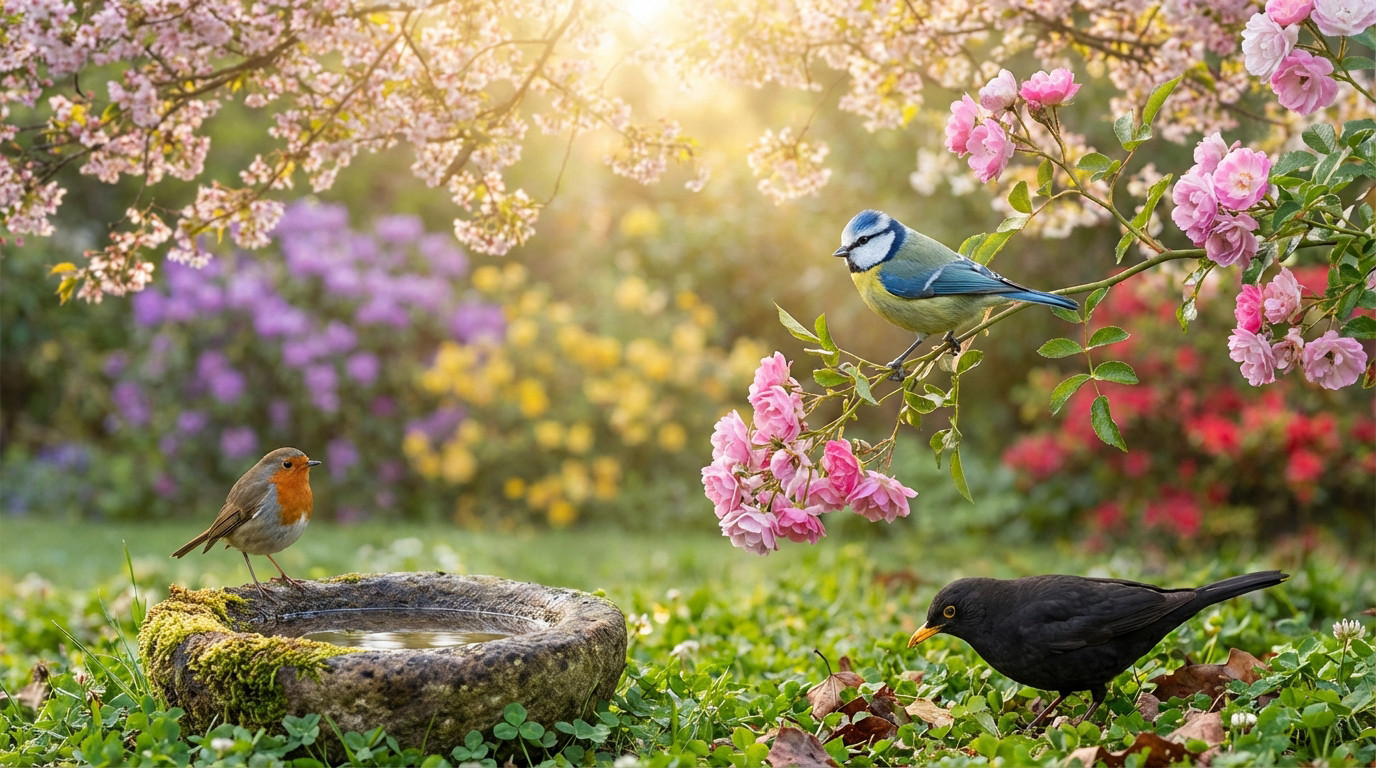 A blue tit on a pink flowering branch, a robin by a bird bath, and a blackbird on the ground in a soft, warm, early morning garden scene with blurred colorful flowers.