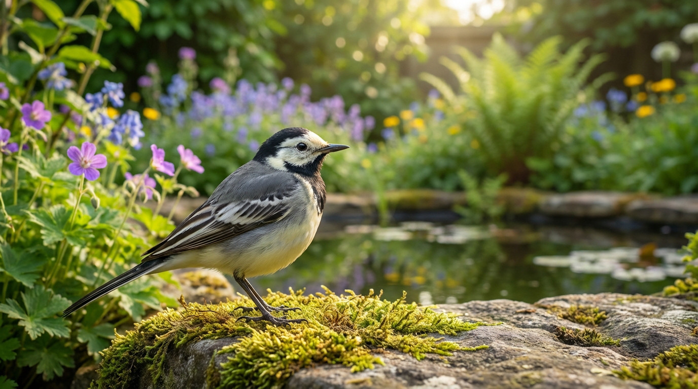Photo-realistic image of a beautiful wagtail perched on a mossy stone in a vibrant, sunlit garden with blurred flowers and pond.