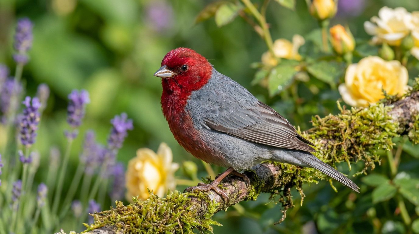 Oiseau à tête rouge vif et corps gris posé sur une branche moussue, avec des fleurs jaunes et lavande en arrière-plan.