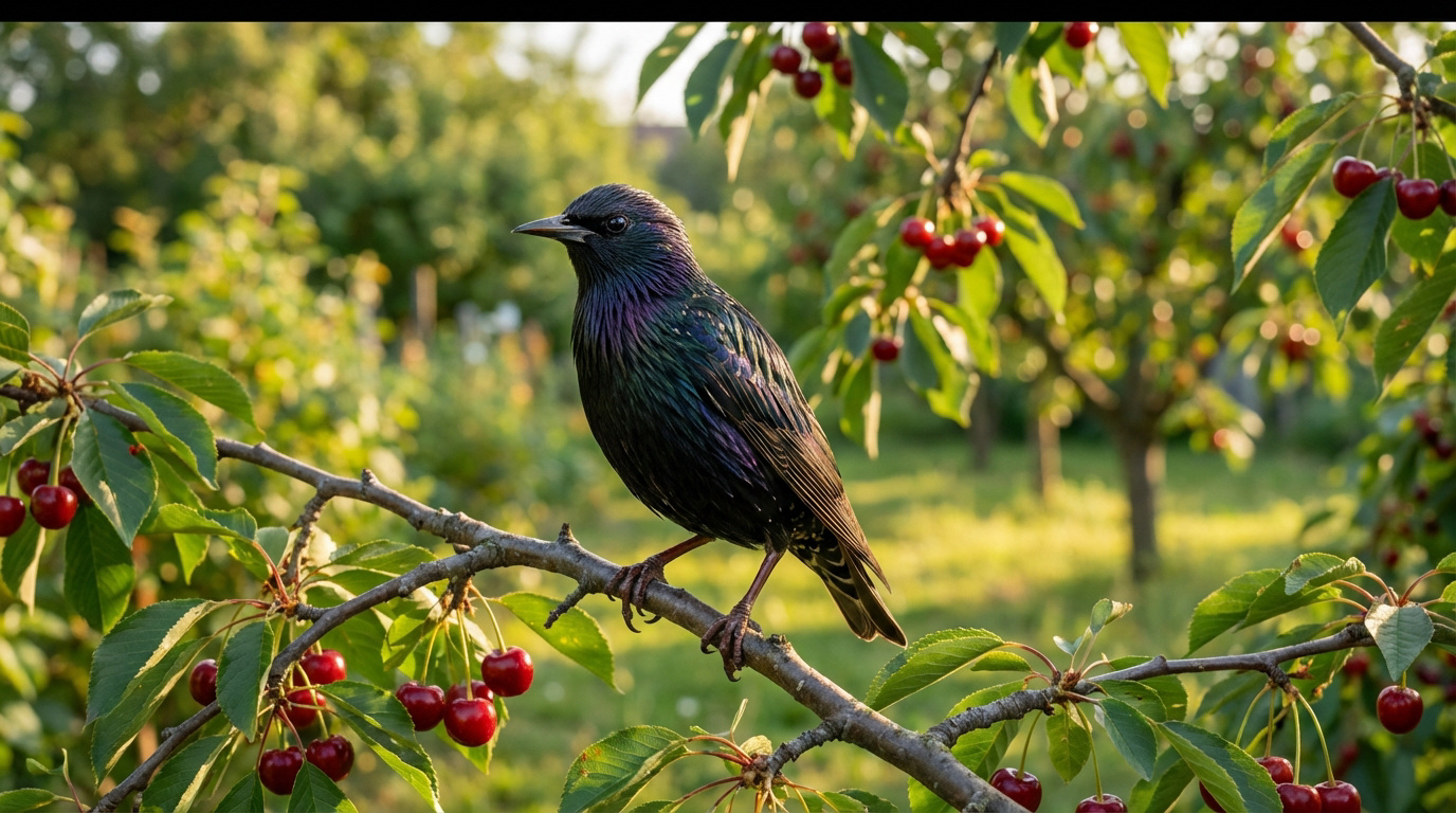 Un étourneau noir aux plumes irisées (verts, violets) est perché sur une branche de cerisier chargée de cerises rouges dans un jardin.