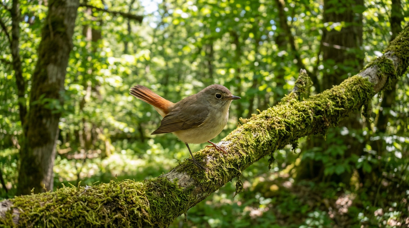Un oiseau brun à queue rousse est perché sur une branche couverte de mousse verte, dans une forêt ensoleillée.