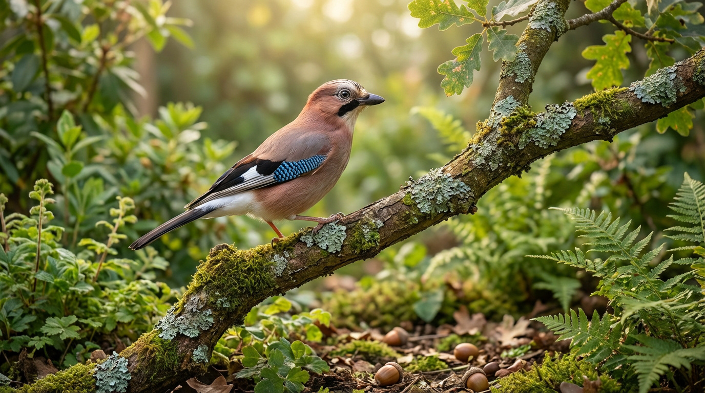 Un geai des chênes avec son plumage rose-brun et ses ailes bleues, perché sur une branche moussue dans un sous-bois verdoyant, ensoleillé.
