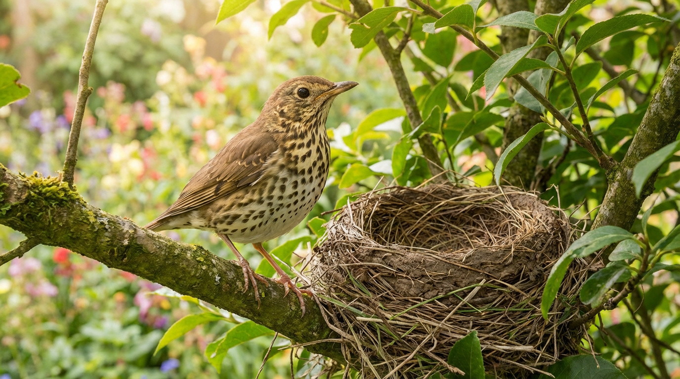 Une grive musicienne aux plumes tachetées est posée sur une branche moussue, observant un nid vide. Arrière-plan flou d'un jardin fleuri.