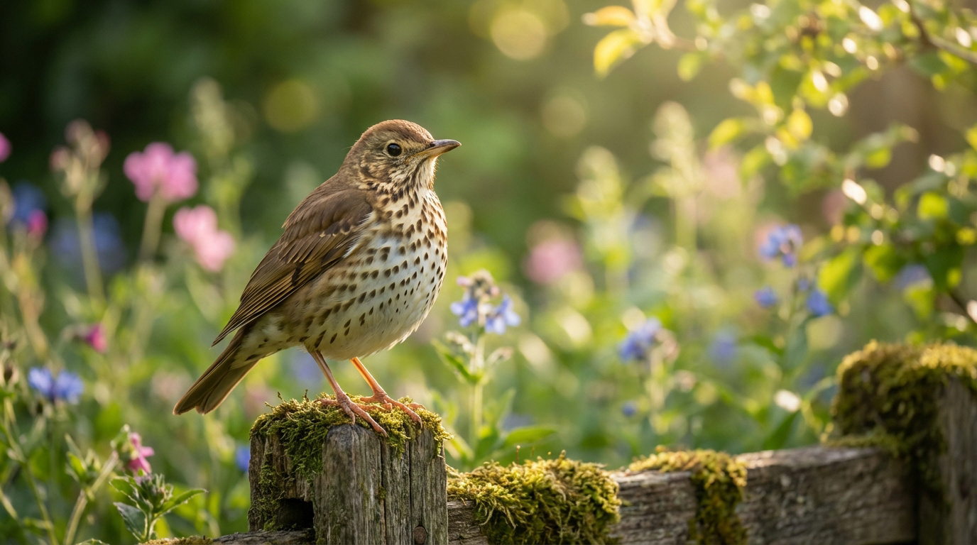 Grive musicienne aux plumes tachetées perchée sur poteau moussue, fond de jardin fleuri et ensoleillé avec bokeh.