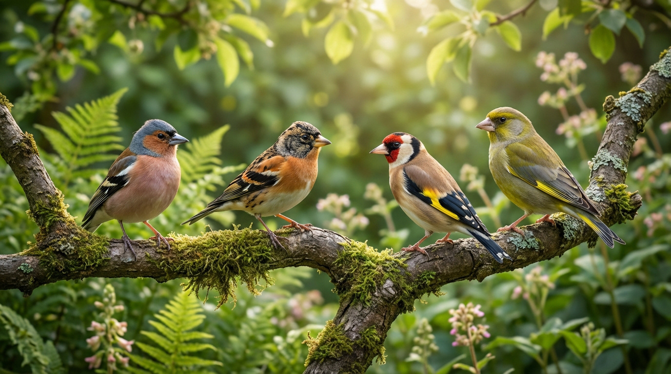 Quatre fringilles: un pinson des arbres, un pinson du Nord, un chardonneret, un verdier, sur une branche moussue au soleil.