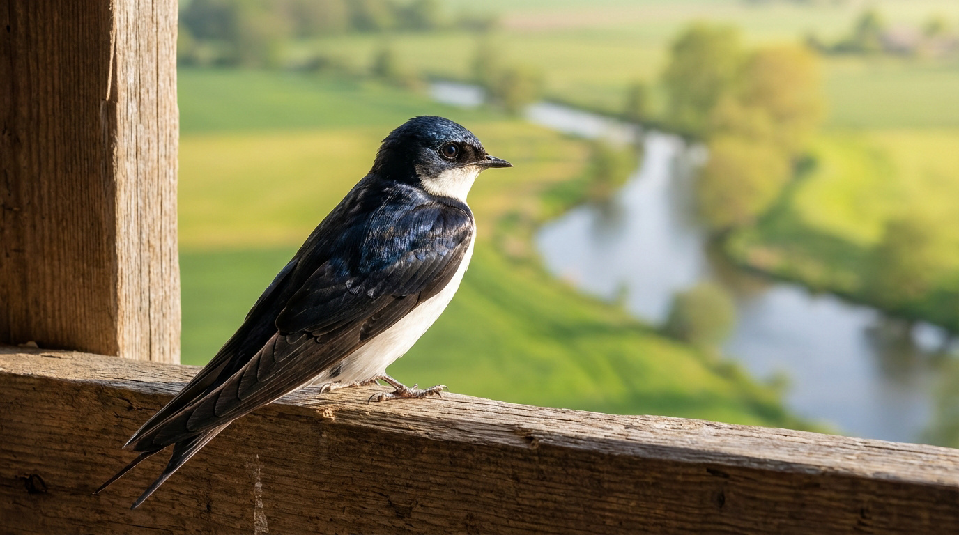 Hirondelle à ventre blanc et dos sombre perchée sur balustrade en bois, observant une rivière serpentant dans une vallée verte.