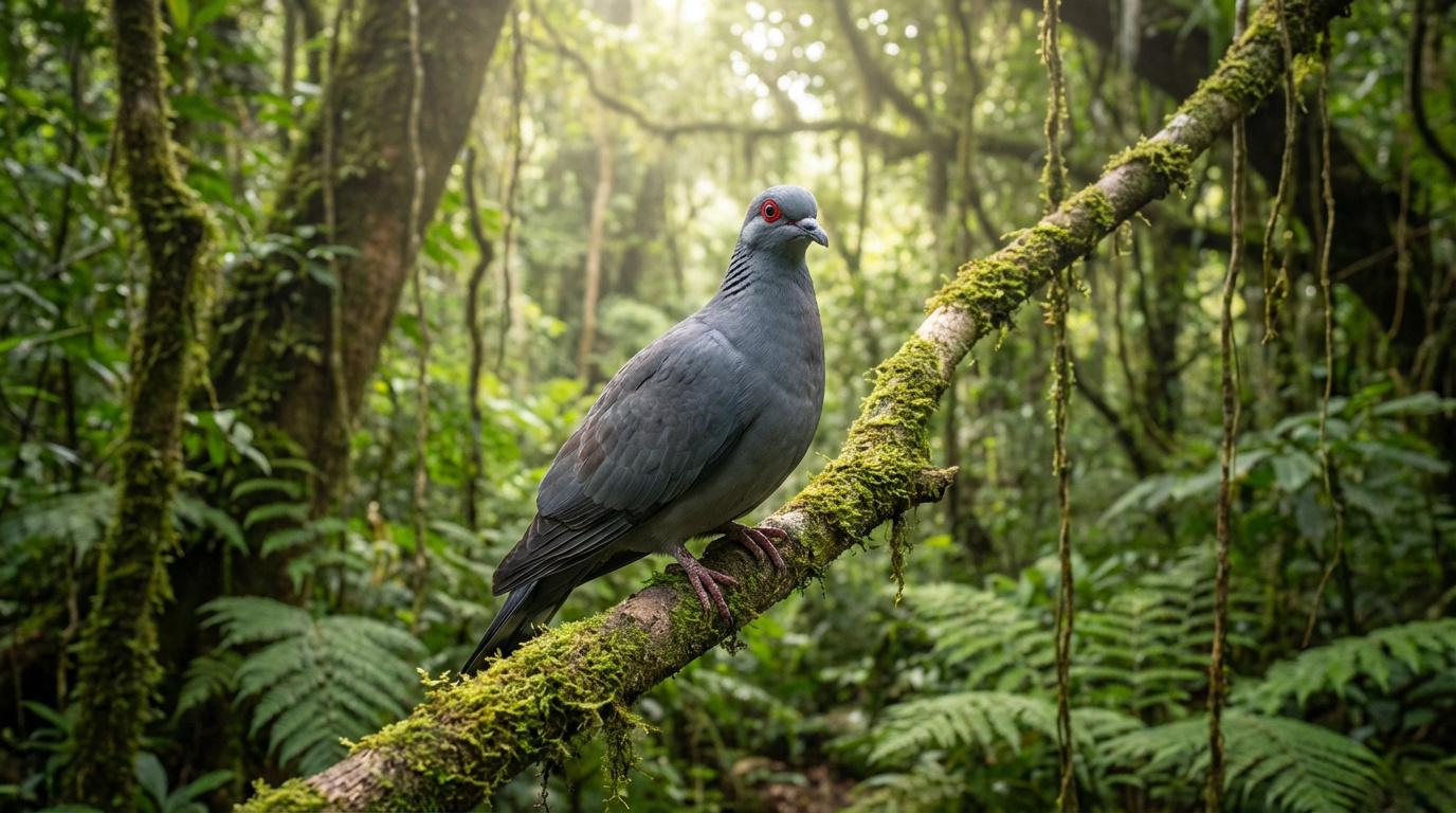 Un pigeon gris aux yeux rouges est perché sur une branche moussue dans une forêt tropicale dense et ensoleillée.