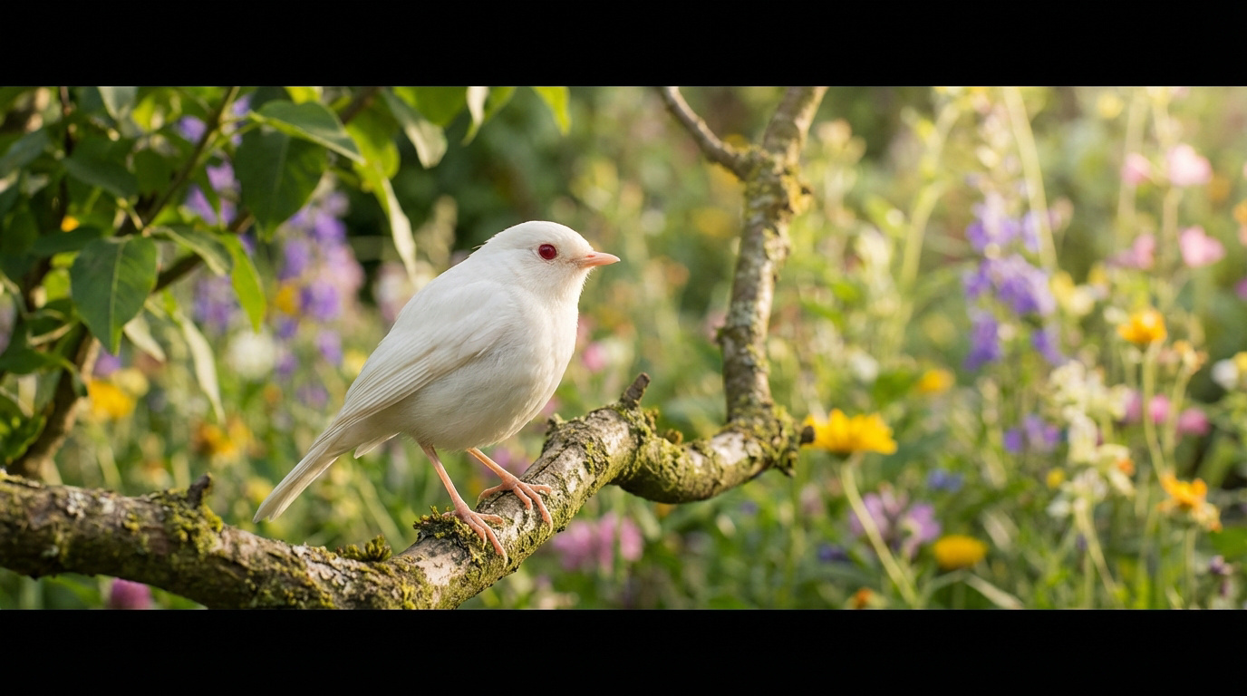 Un magnifique oiseau albinos aux yeux rubis se repose sur une branche, avec un jardin fleuri en arrière-plan.