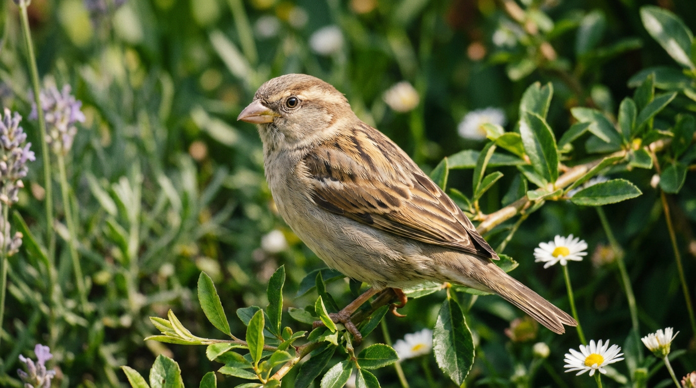 Femelle moineau en plumage brun et beige, perchée sur une branche feuillue. Fond flou de verdure, lavande et marguerites.