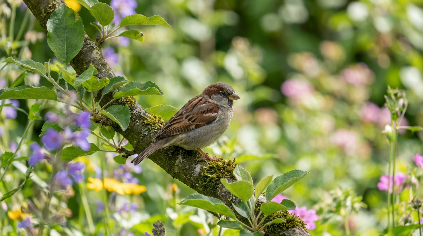 Un moineau domestique mâle est perché sur une branche moussue, entouré de feuilles vertes et de fleurs floues de couleurs vives dans un jardin lumineux.