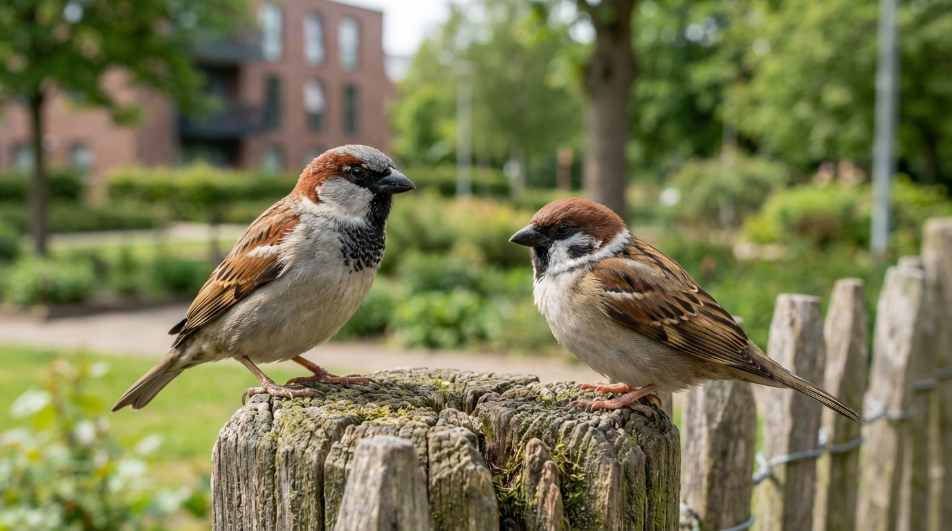 Deux moineaux (un domestique mâle, un friquet) perchés sur un poteau en bois dans un parc urbain, se faisant face.