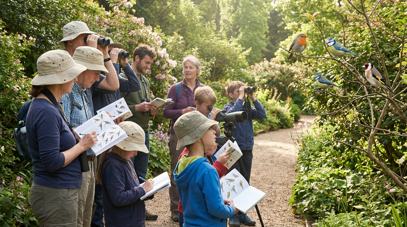 Groupe d'adultes et enfants observant des oiseaux avec jumelles et guides. Un rouge-gorge, deux mésanges bleues et un chardonneret sur une branche.