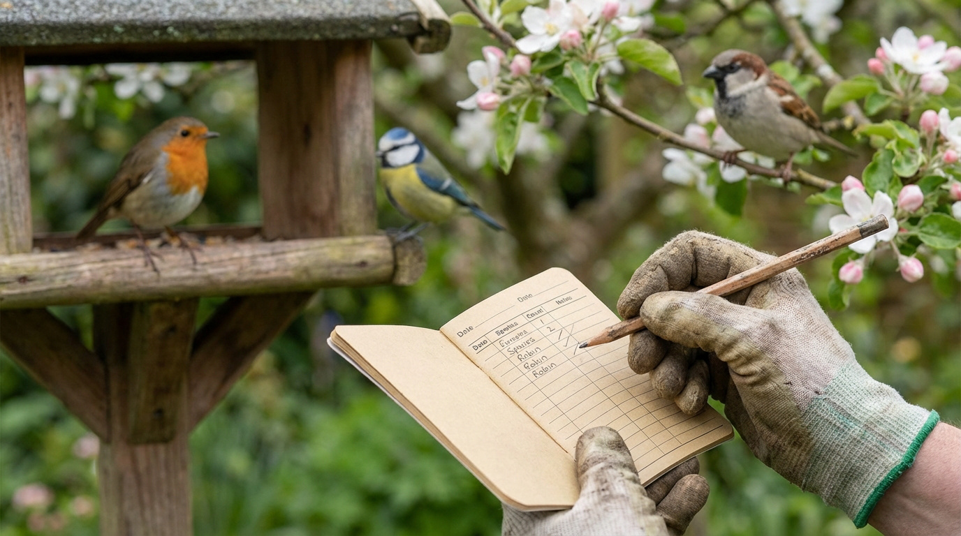 Mains gantées remplissant un carnet de comptage d'oiseaux près d'une mangeoire, avec un rouge-gorge, une mésange et un moineau.