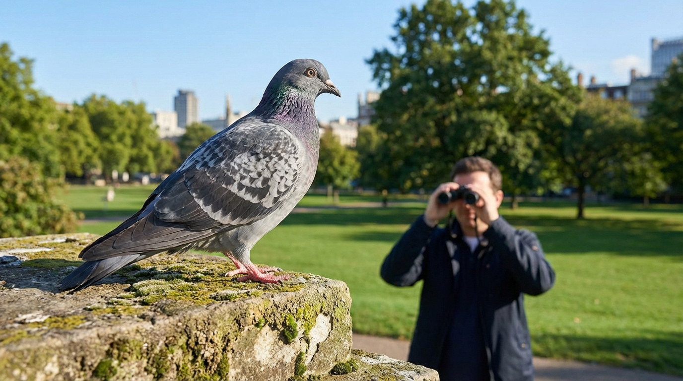 Pigeon gris en gros plan sur un mur moussu, un homme observe avec des jumelles dans un parc verdoyant.